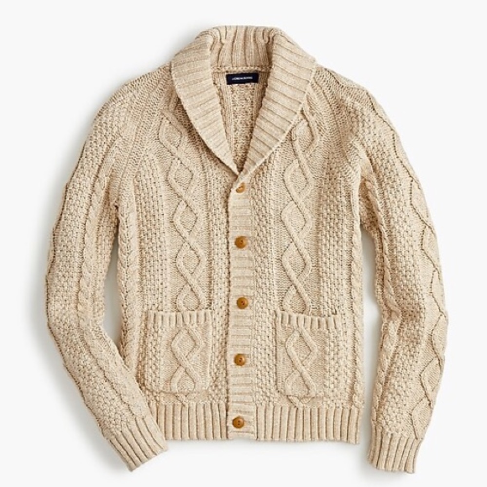 JCrew’s cable-knit shawl-collar cardigan sweater